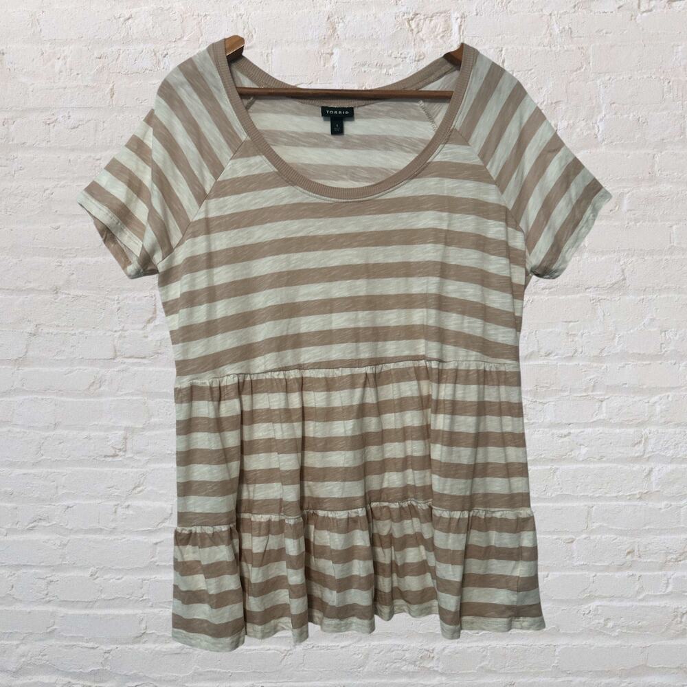 Torrid Peplum Tee Shirt Tan White Striped Babydoll Top Short‎ Sleeve Casual 1X